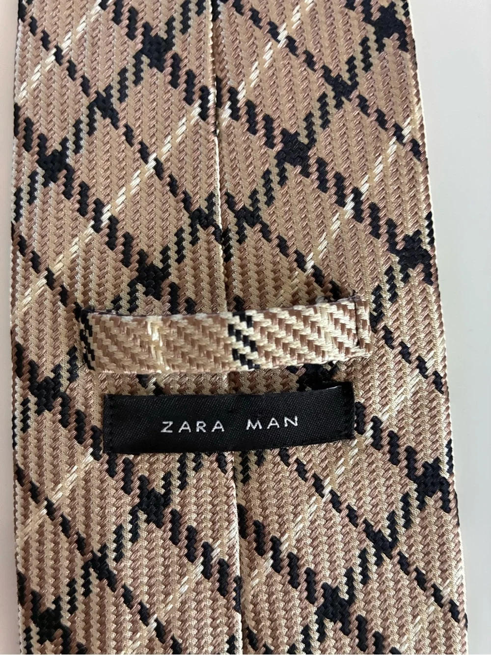 Zara Man Silk Beige and Black Plaid Necktie Classic Capsule Wardrobe Timeless